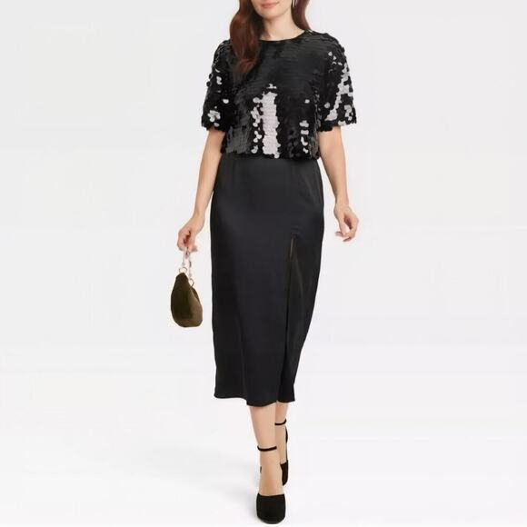 A New Day Black Sequin Crop Top Sz Small - Picture 4 of 13